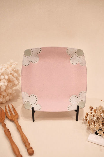 Kei Mitsumochi ミツ持啓 17cm Square Plate - Pink Flower KM28