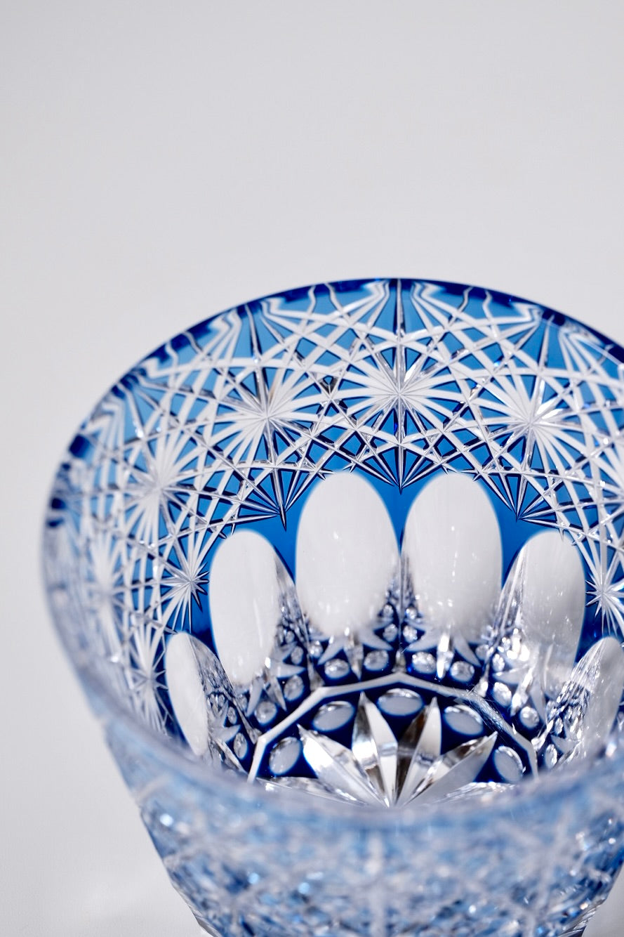 Edo Kiriko Whisky Glass Rock Glass "Large Chrysanthemum" Blue by Junichi Nabetani, Master of traditional crafts