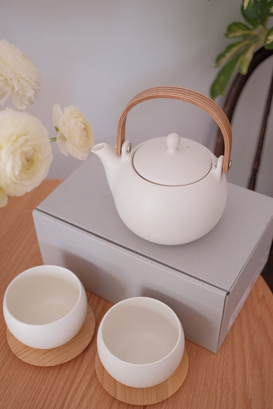 SALIU YUI Teapot Set 600ml - 5 Piece Gift Set (Teapot, Large Cup, Tea Tray) White