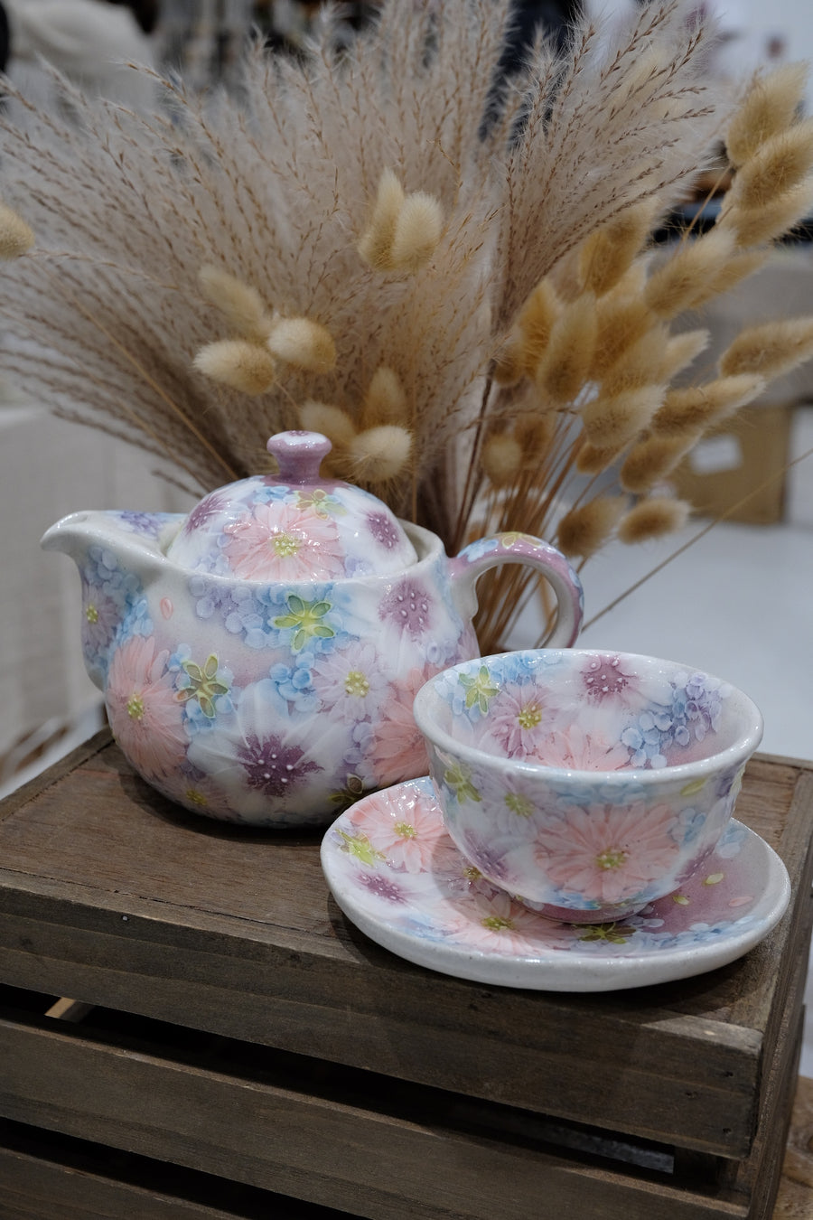 Seto Ware Flower Teapot and Tea cup with Saucer