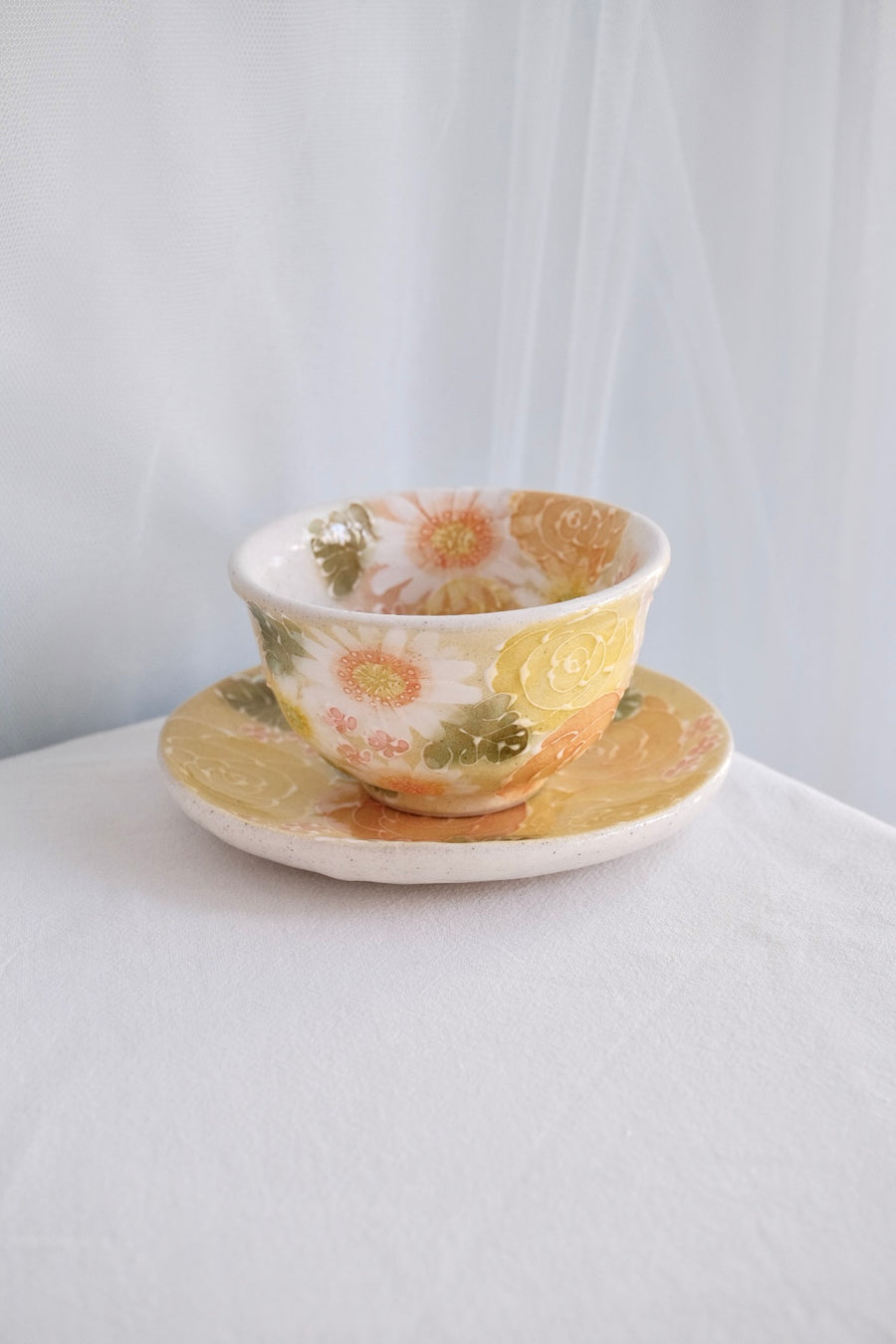 Seto Ware Flower Teapot and Tea cup with Saucer -Yellow