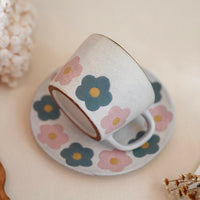 Kei Mitsumochi ミツ持啓 Pink & Lake Blue Flower Mug and Saucer KM49