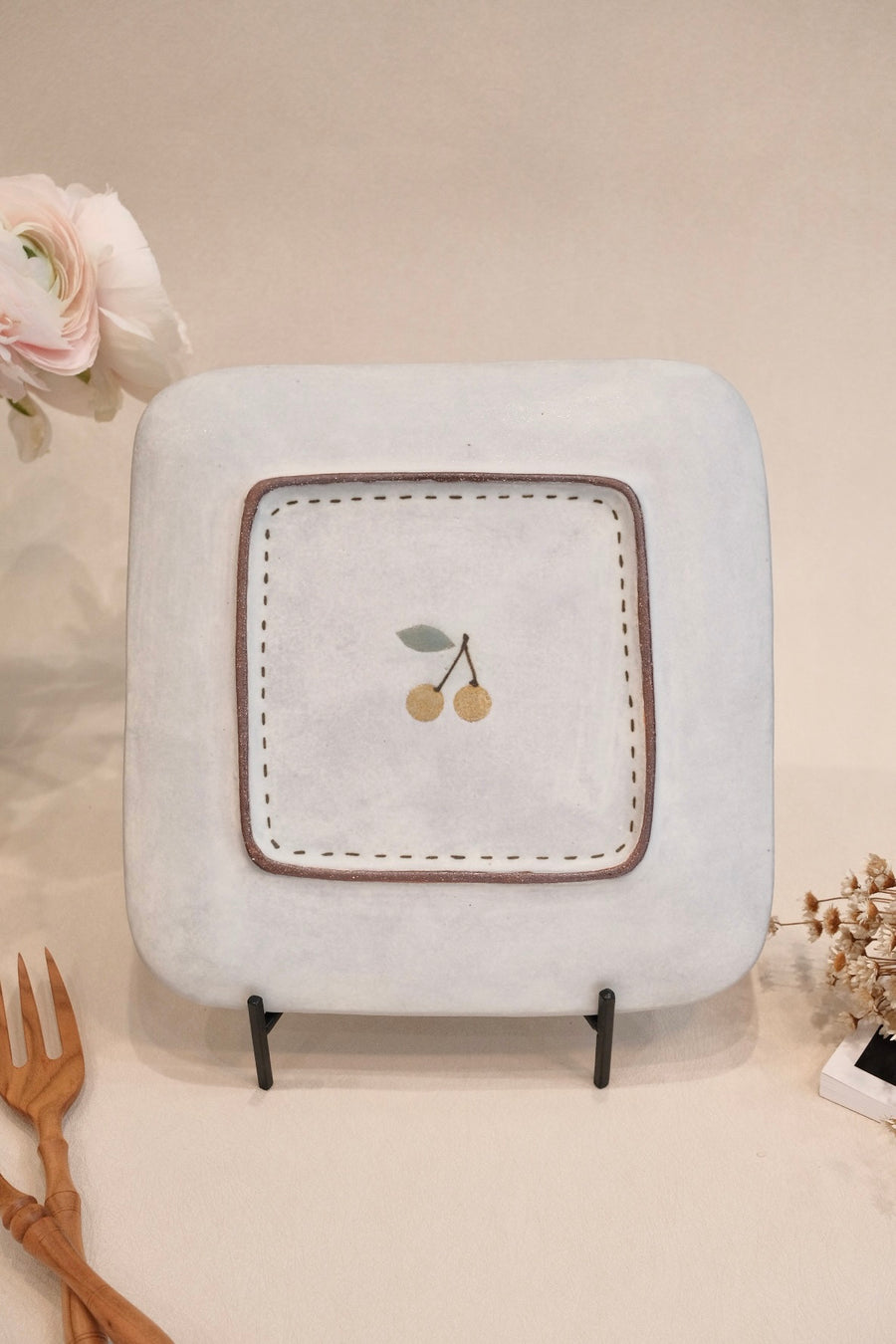 Kei Mitsumochi ミツ持啓 Square Plate - Checked Pattern Yellow Cherry KM19