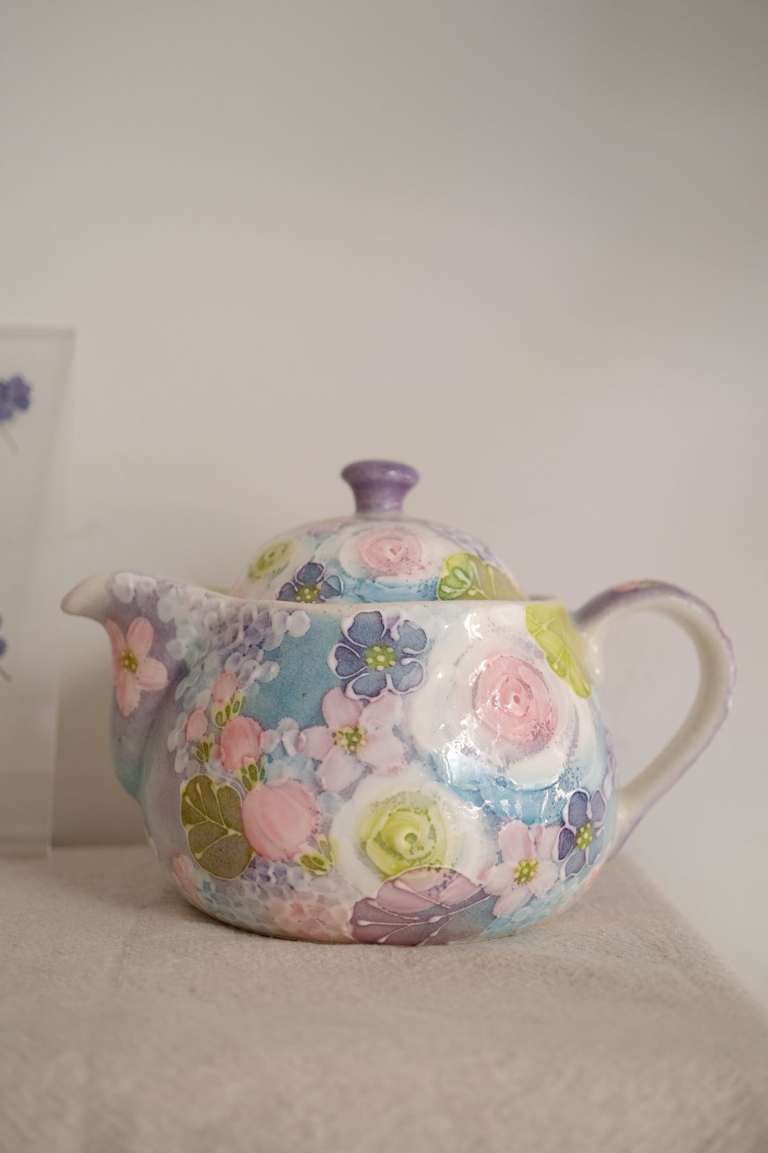 Seto Ware Flower Teapot and Tea cup with Saucer - Purple