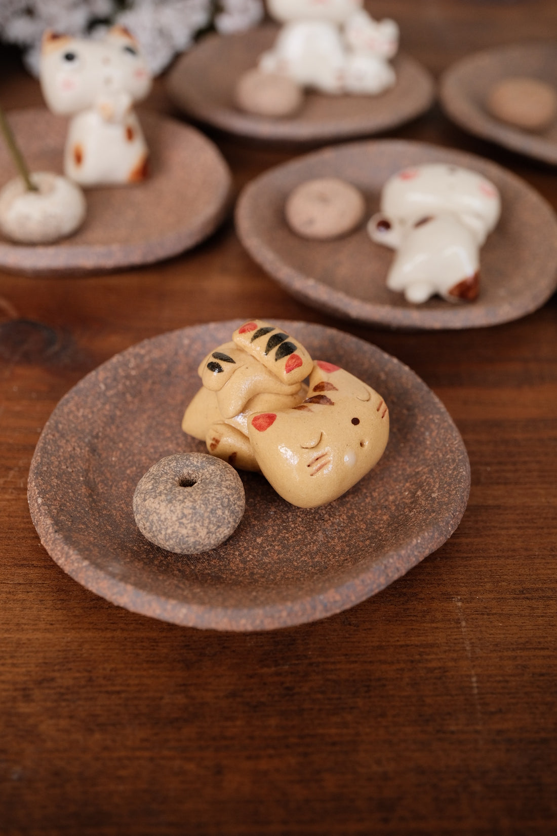Japanese Clay Animals Incense Holder - Cat Collection