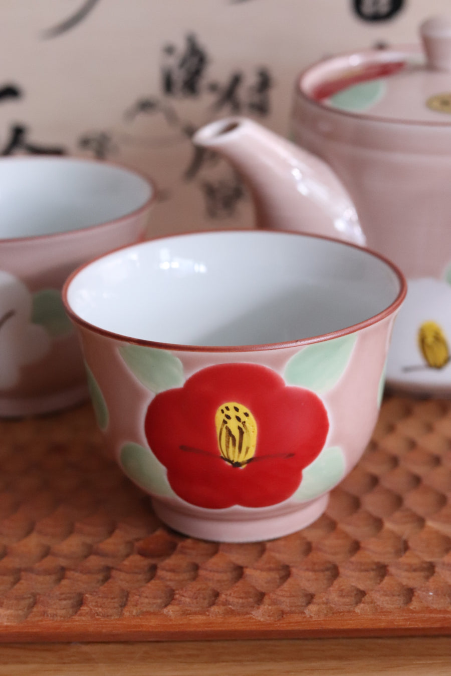 Arita Ware Hasami-Yaki Hand-Painted Pink Camellia Glaze Tea Set (1 Teapot + 2 Teacups)