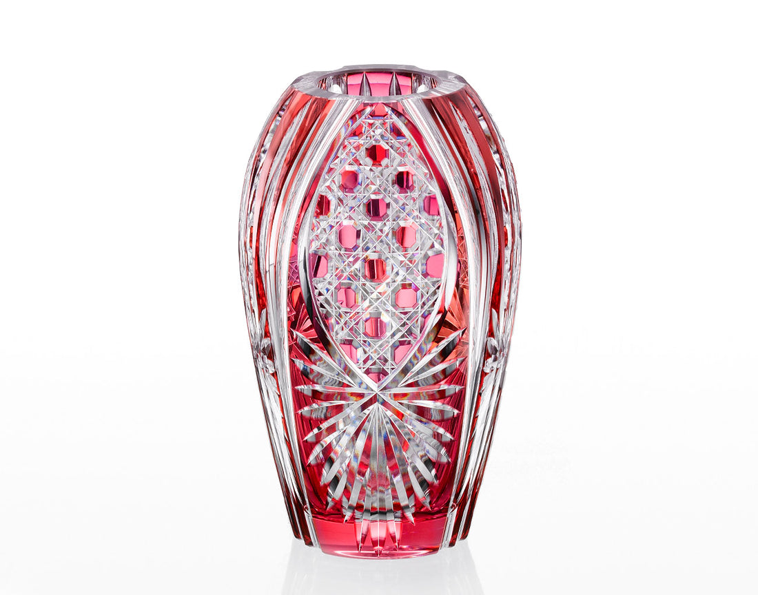 Kagami Crystal - Narrow Neck Vase, Edo Kiriko “Bamboo Leaves & Octagonal Basket Weave”