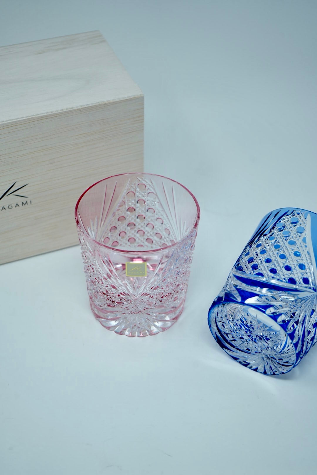Kagami Crystal - A pair of Whisky Glasses, Edo Kiriko &quot;Tasuki (sash)&quot;