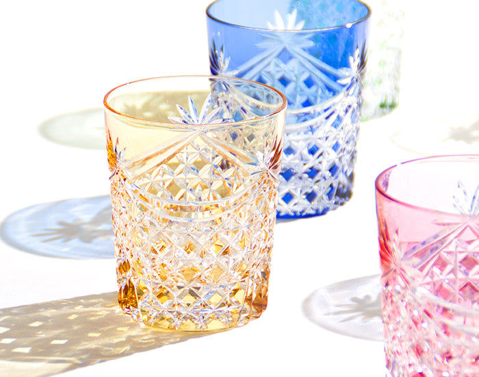 Kagami Crystal - Whiskey Glass, Edo Kiriko “Drape & Tetragonal Basket Weave” - Yellow