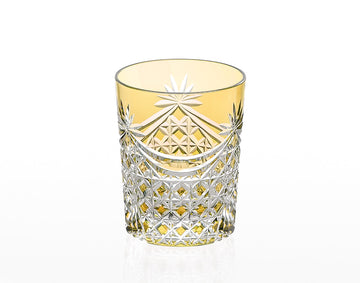 Kagami Crystal - Whiskey Glass, Edo Kiriko “Drape & Tetragonal Basket Weave” - Yellow