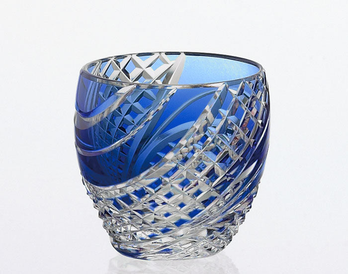 Kagami Crystal - Sake Glass, Edo Kiriko "Fish scales strip" Blue