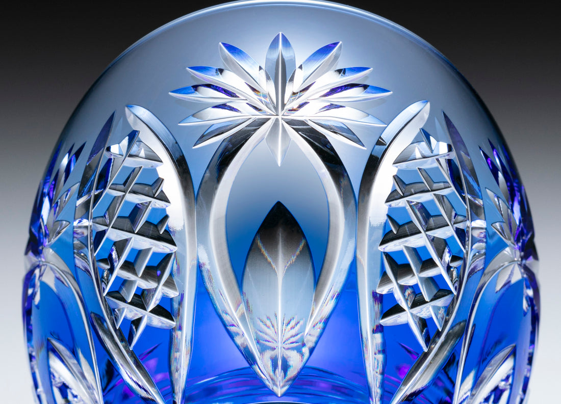 Kagami Crystal - Whiskey Glass, Edo Kiriko “Bamboo Fence & Star” - Blue