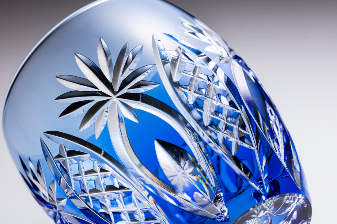 Kagami Crystal - Whiskey Glass, Edo Kiriko “Bamboo Fence & Star” - Blue