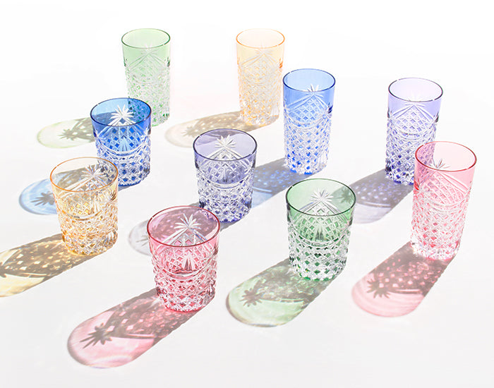 Kagami Crystal - A Pair of Whiskey Glasses, Edo Kiriko “Drape & Tetragonal Basket Weave”