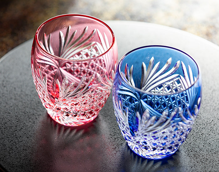 Kagami Crystal - A pair of Whisky Glasses, Edo Kiriko “Rokkaku (deer antlers)”