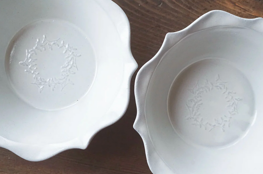 Mashiko Pottery Yoshizawa White Gray Ridge Flower Bowl "Yadorigi"