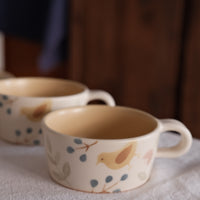 Buncho Pottery Bird and flower soup cup - Yellow