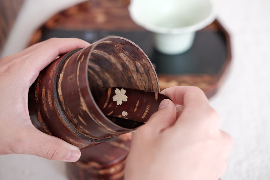 日本八柳桦细工全樱皮茶罐 储藏罐