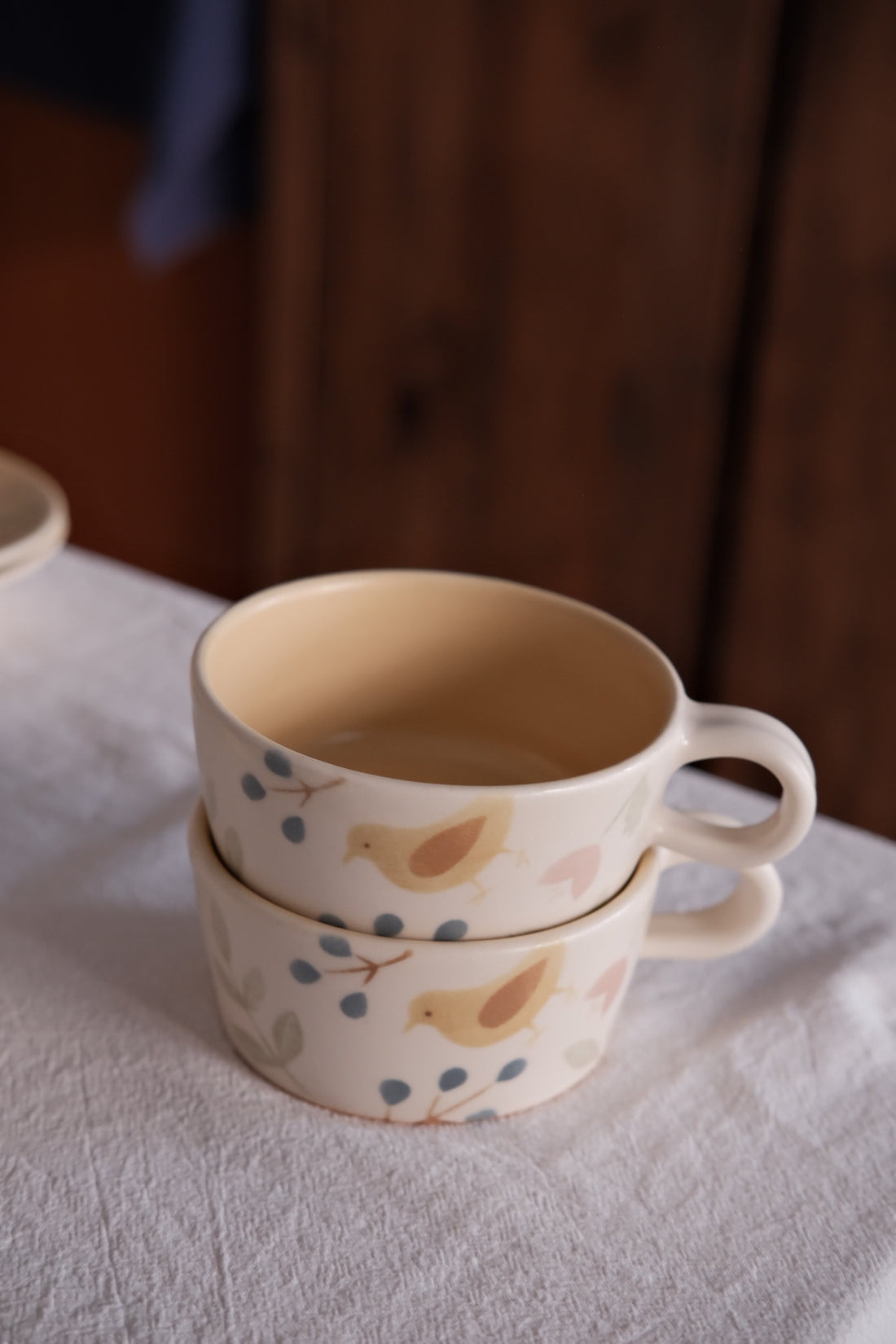 Buncho Pottery Bird and flower soup cup - Yellow