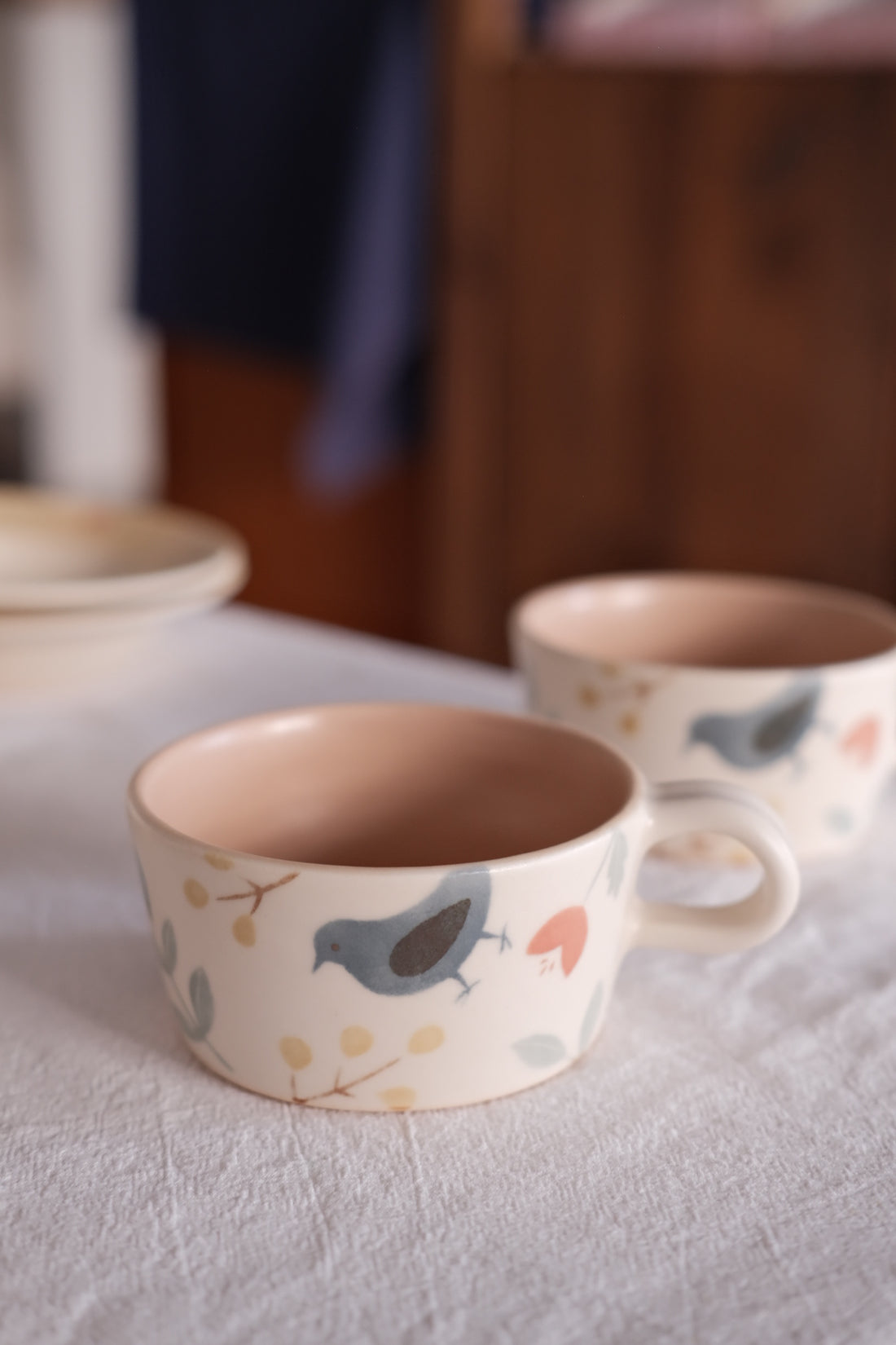 Buncho Pottery Bird and flower soup cup - Blue