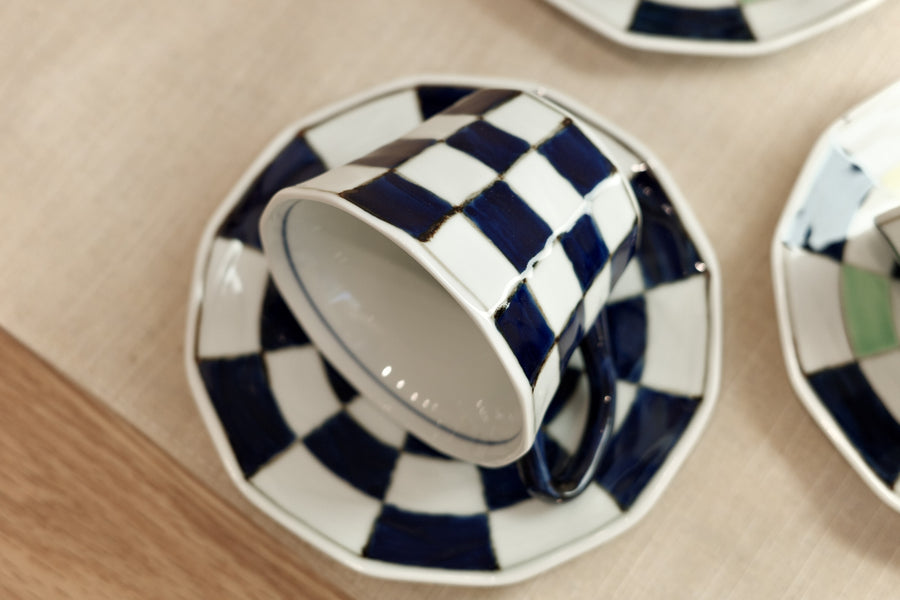 Arita Ware Check-board Coffee Mug and Saucer Set